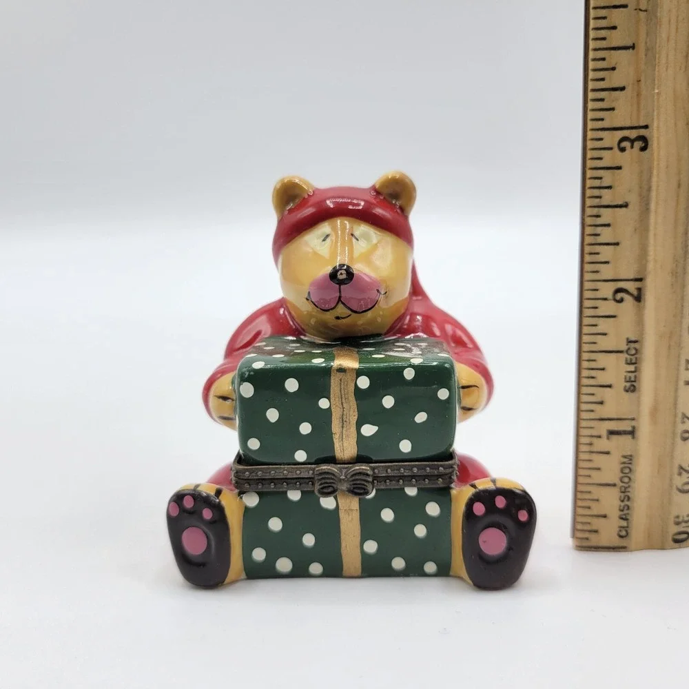 Holiday Santa Bear with Gift Box Sweet Dreams Pillow Hinged Trinket Box Ceramic